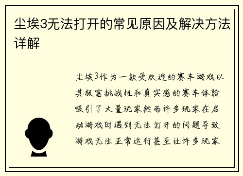 尘埃3无法打开的常见原因及解决方法详解 尘埃3无法打开的常见原因及解决方法详解